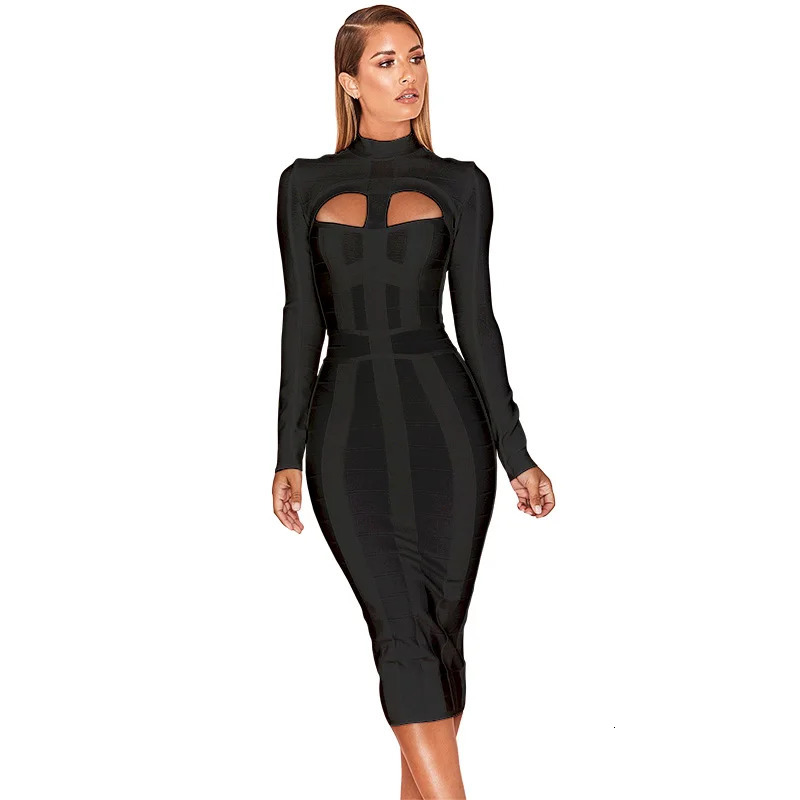 HQBORY Winter Long Sleeves sexy Hollow Out Knitted Bandage Dress midlength Women Hole Cut Black Bodycon Vestidos Red XL 241218