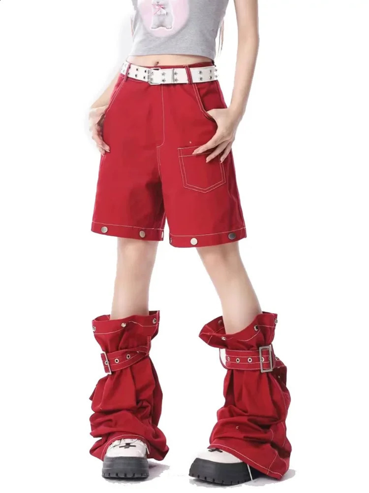 Adagirl red bagged womens cargo pants Y2k hip-hop retro goth hippie detachable wide leg jeans 241217