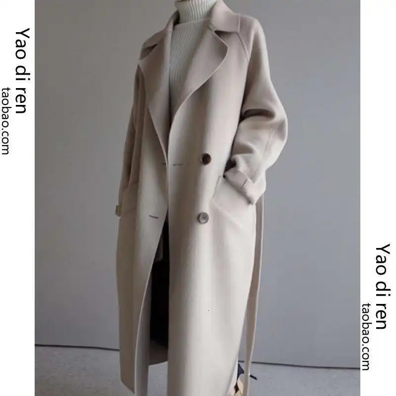 Autumn Winter y Women Trench Coat Tweed Double Breasted Loose Long Korean Cinched Waist and Tied Belt 241217
