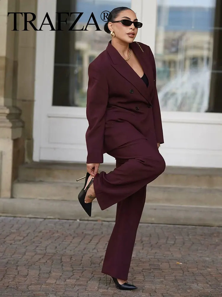TRAFZA Women Vintage Wine Red Blazer Pant Suits Double Breasted Long Sleeve Coat Zipper Fly Straight Trousers Lady Office Sets 241217