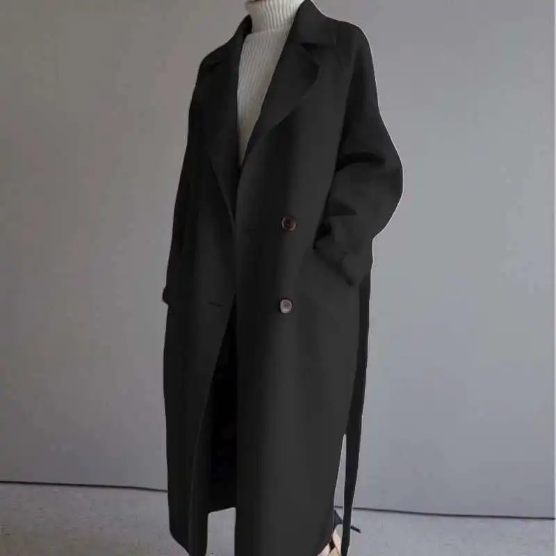 Autumn Winter y Women Trench Coat Tweed Double Breasted Loose Long Korean Cinched Waist and Tied Belt 241217