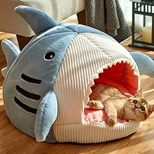 Shark shaped hole bed thick padding, warm indoor anti slip bottom, tent with detachable and washable soft cushion pillow, cat house