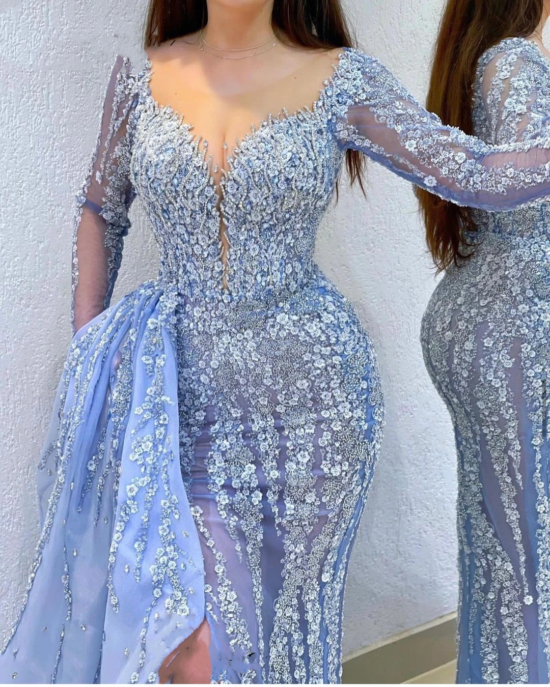 Evening Dresses For Women Sheer Neck Gown Split Side Sequins Crystal Sweep Train Customized Dress Party