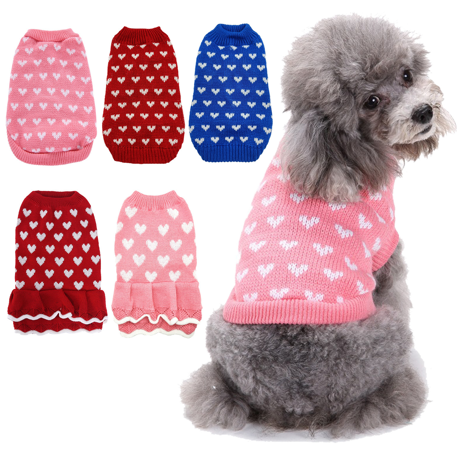 Autumn and winter warm red pink love dog clothing sweater skirt Holiday Christmas New Year pet clothing wholesale