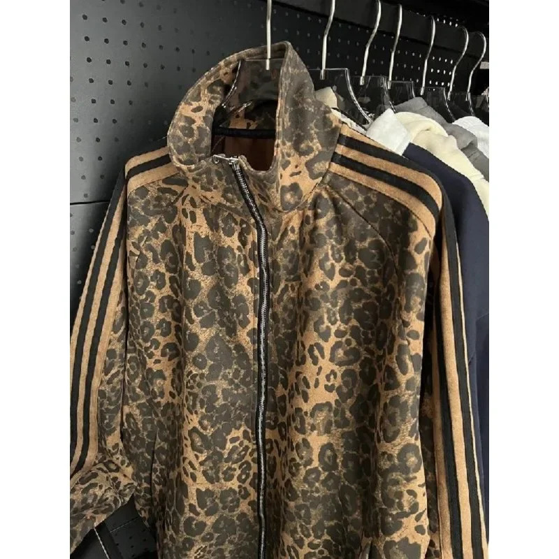 Y2K winter clothes warm casual coat Leopard print cardigan zipper striped long-sleeved high-quality turtleneck jackets for women 241214