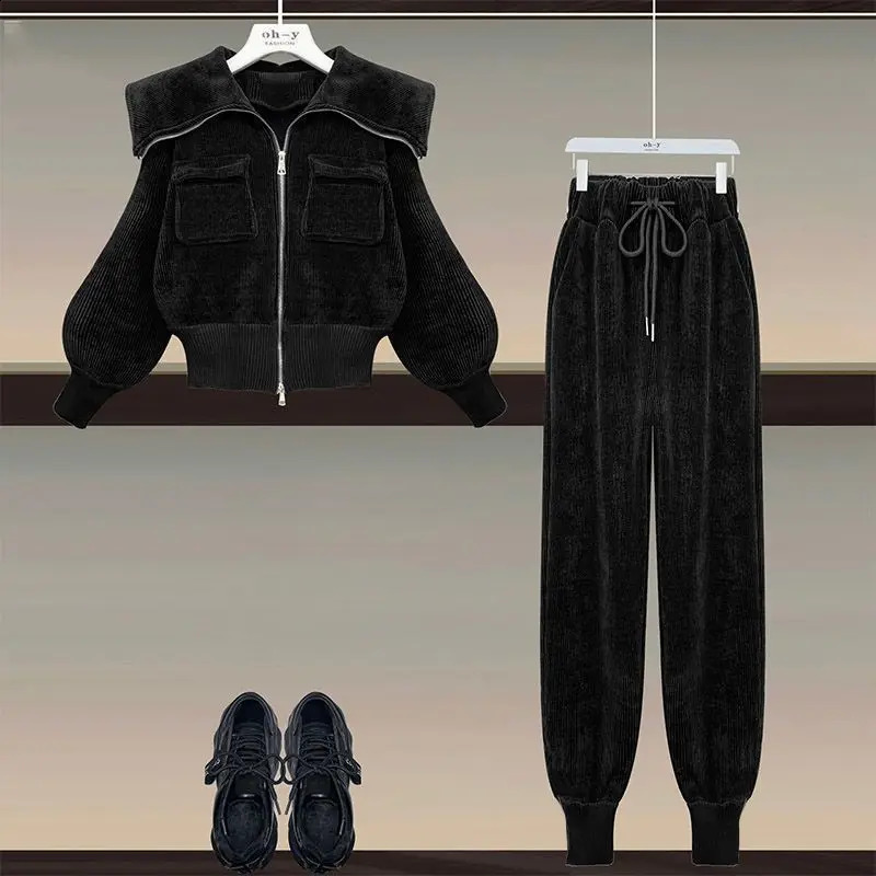 Corduroy set womens spring/summer polo neck ultra-thin jacket high waisted casual pants two-piece set womens clothing 241217