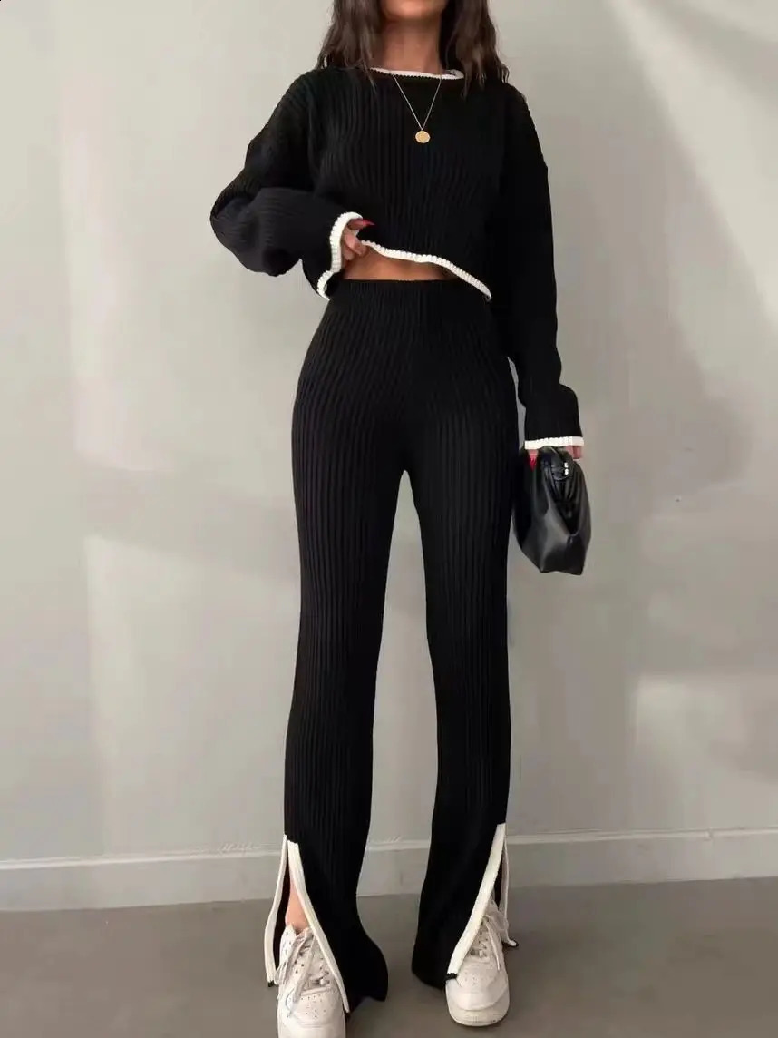 Womens sports shirt Flare Pants set casual zipper winter knitted long sleeved elegant sexy top autumn elastic sports pants 241217