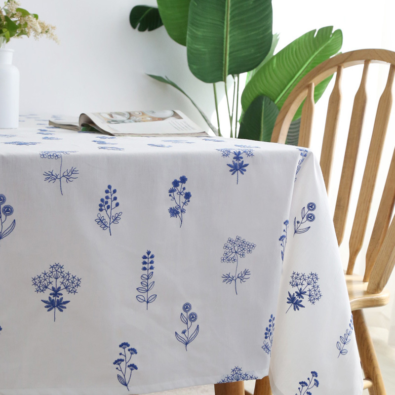 Small Fresh Embroidery Square Dining Table Cloth Blue Embroidery Background White French Round Coffee Table Cloth