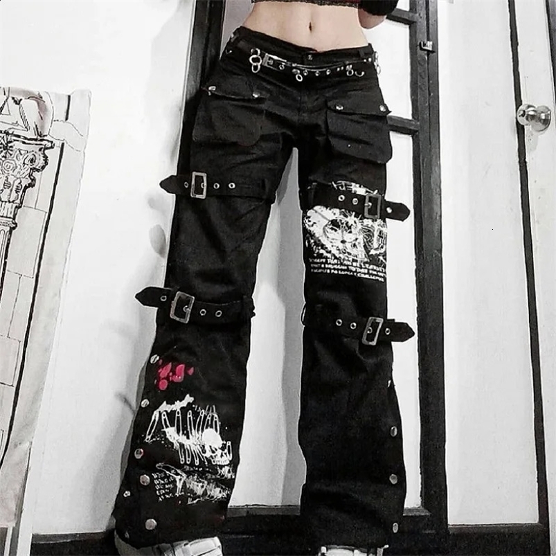 E-girl Gothic black cargo pants womens low rise jeans pants Y2K Grunge retro hip-hop punk Harajuku streetwear 241217