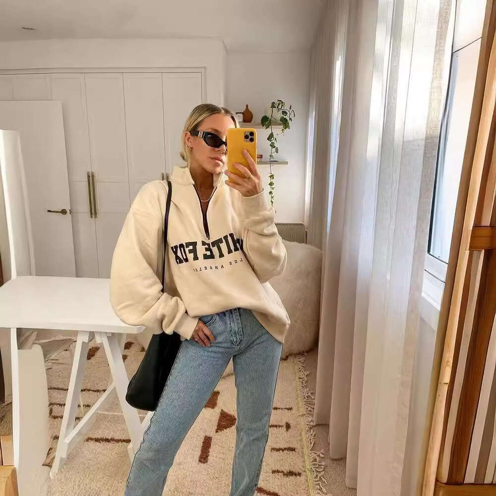 European American 2024 autumn and winter new casual versatile semi open collar zipper printed long sleeved sweatshirt