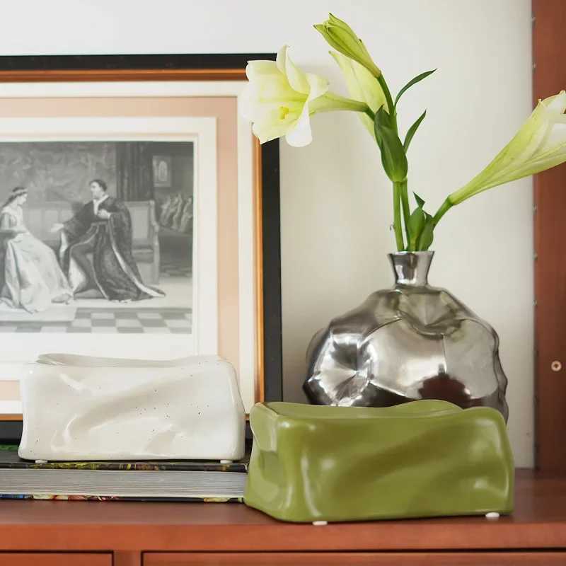 Nordic Luxury Ceramic Tissue Box Cube Design High-end Plated Metal Tissue Holder Ins Tea Table Storage Decorative Ornament Y241218