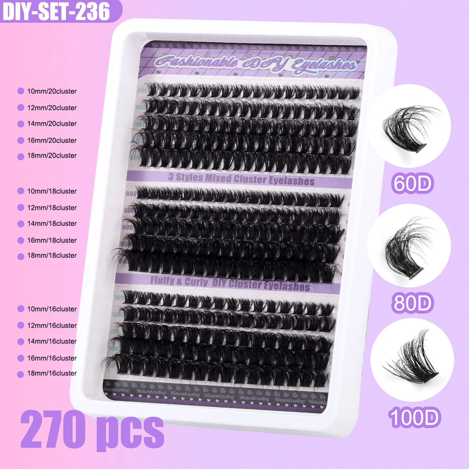 60D 80D 100D DIY Lash clusters set Fluffy volume 270pcs False Eyelashes bond and seal lash Glue kit 10-18mm natural long lashes 241218