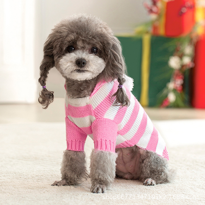 Cross border Pet clothing New Fall/winter hooded two-legged striped knit Christmas sweater Dog supplies