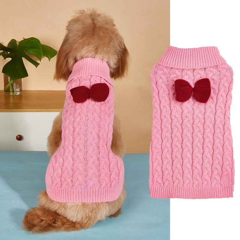 Autumn and winter dog sweater new lapel design woven three-dimensional twist solid color sweater with bow