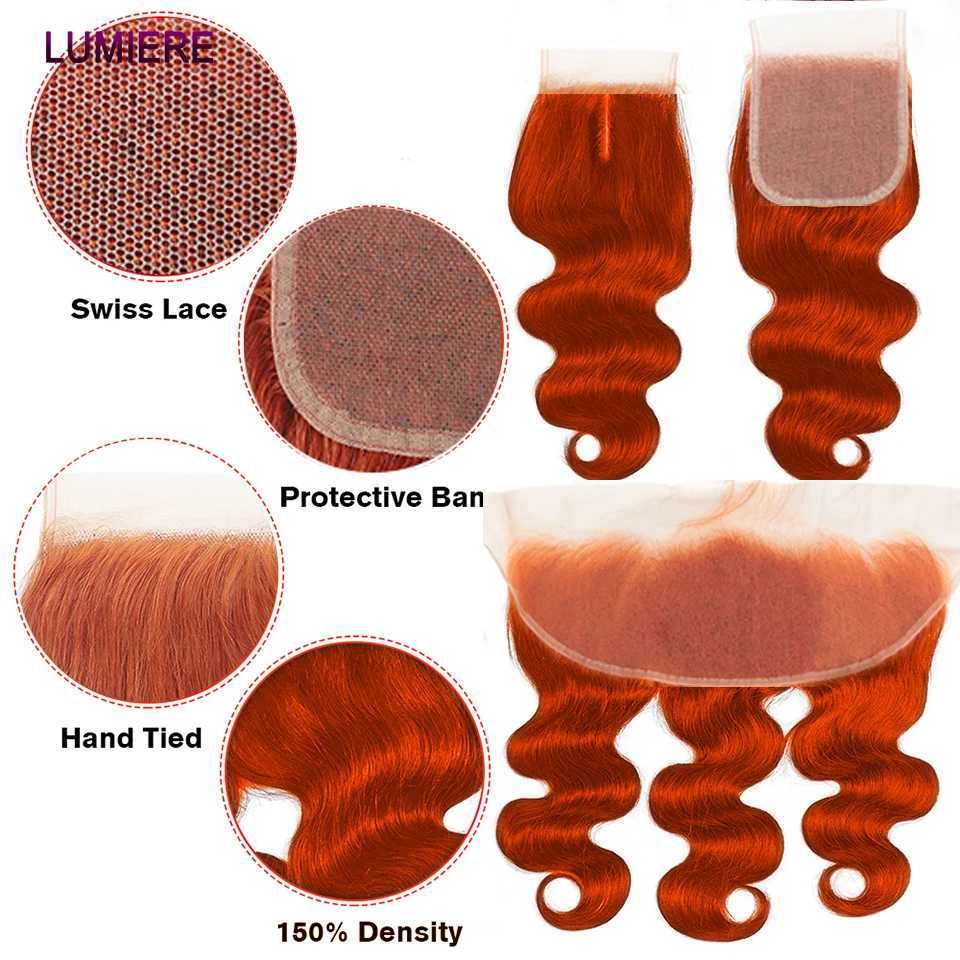 Wxw350 ginger orange 4x4 13x4 high-definition lace closure with body wave human hair bundle with closed front virgin hair extension W241221