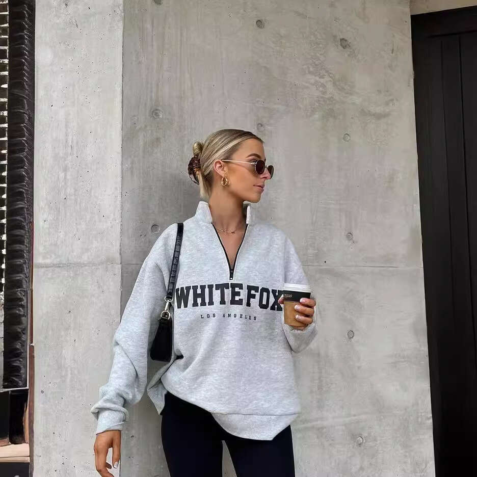 European American 2024 autumn and winter new casual versatile semi open collar zipper printed long sleeved sweatshirt