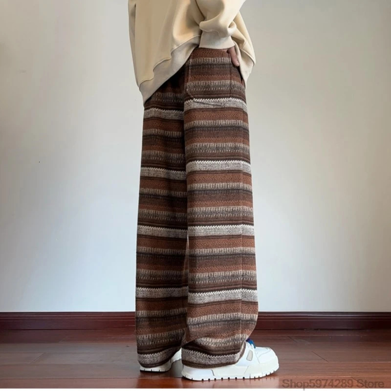 Wide Leg Pants Men Women Autumn Winter Fashion Casual Straight Pants Loose Mopping Pants Harajuku Vintage Striped Black/Coffee 241218