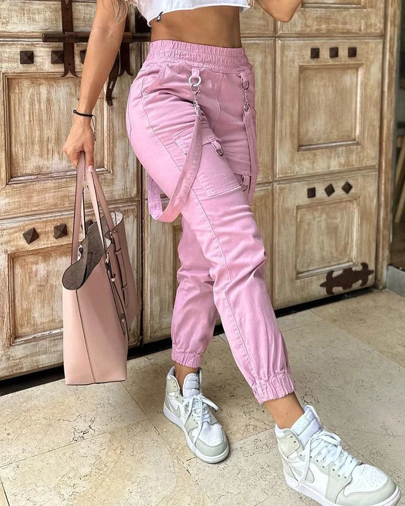 Womens Cargo Pants Casual Trousers Spring Autumn Solid Color Trend Street Pocket Cuff Suspenders Streetwear Women 241217