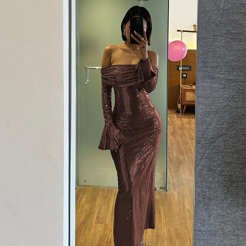 Asia Womens Bell Sleeve Shoulder Glitter Long Skirt Backless Double Layer Club Party Sparkling Net Maxi Dress Brown 241011