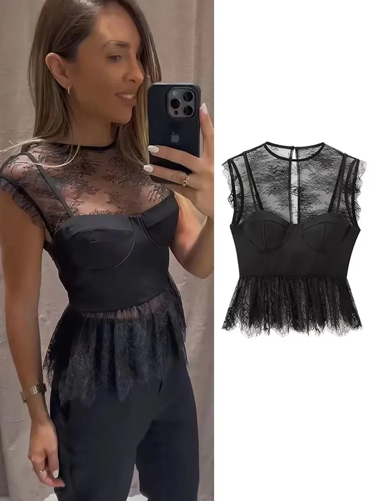 TRAF Fashion Women Lace Patchwork Tops Female Sleeveless Oneck Backless Shirt Elegant Sweet Black Club Party 241216