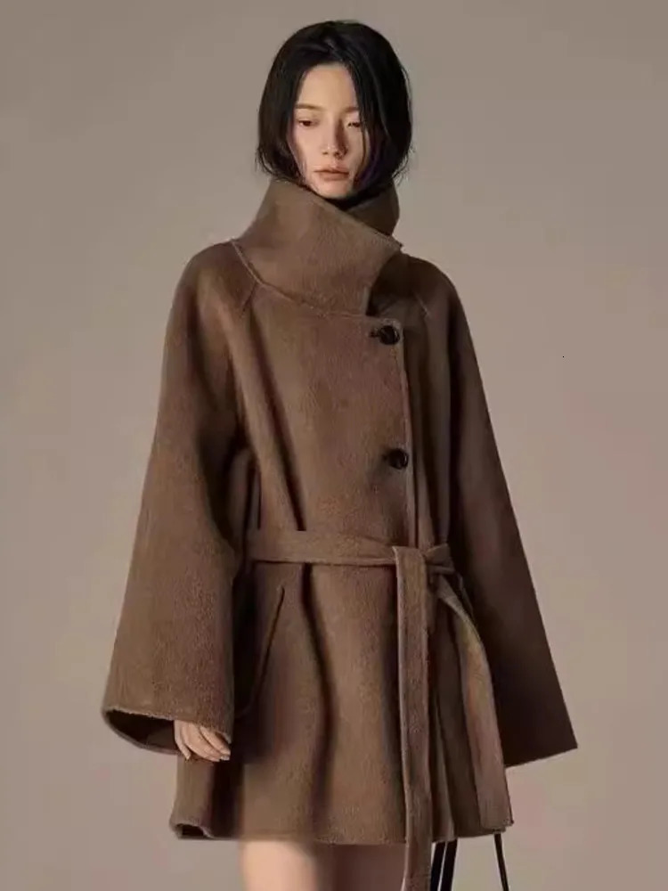DFDG Autumn And Winter Mid To Long Waistband Single Breasted Stand Up Collar Cashmere Woolen Coat For Women 241217