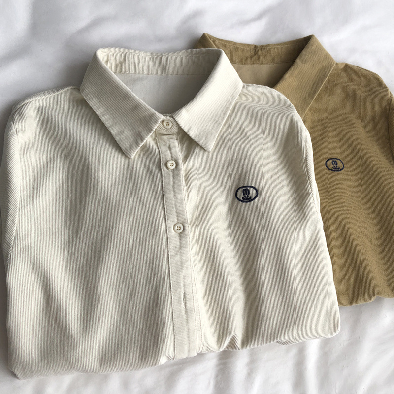 LXZ2 Small embroidery corduroy positive shoulder long-sleeved shirt female lapel lapel peplum stacked shirt fall and winter small people tops