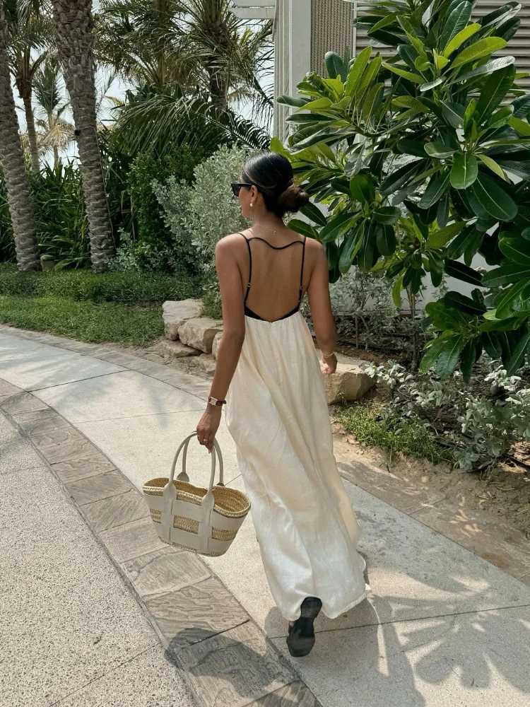 Fashion Contrasting Color Hollow Out Sling Maxi Dress Women Sexy Sveless Backless Loose Dresses 2024 Lady Casual StreetwearXJ241218