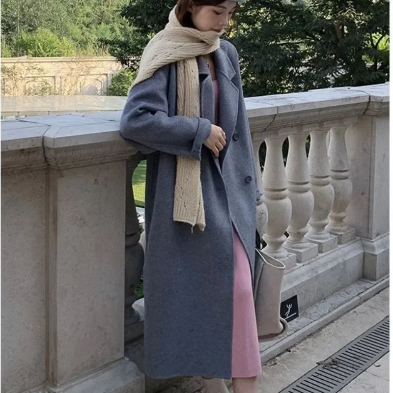 Reversible Cashmere Coat for Women Long Below the Knee Monochrome Wool Outwear Large Size Fashion Autumn Winter 241217