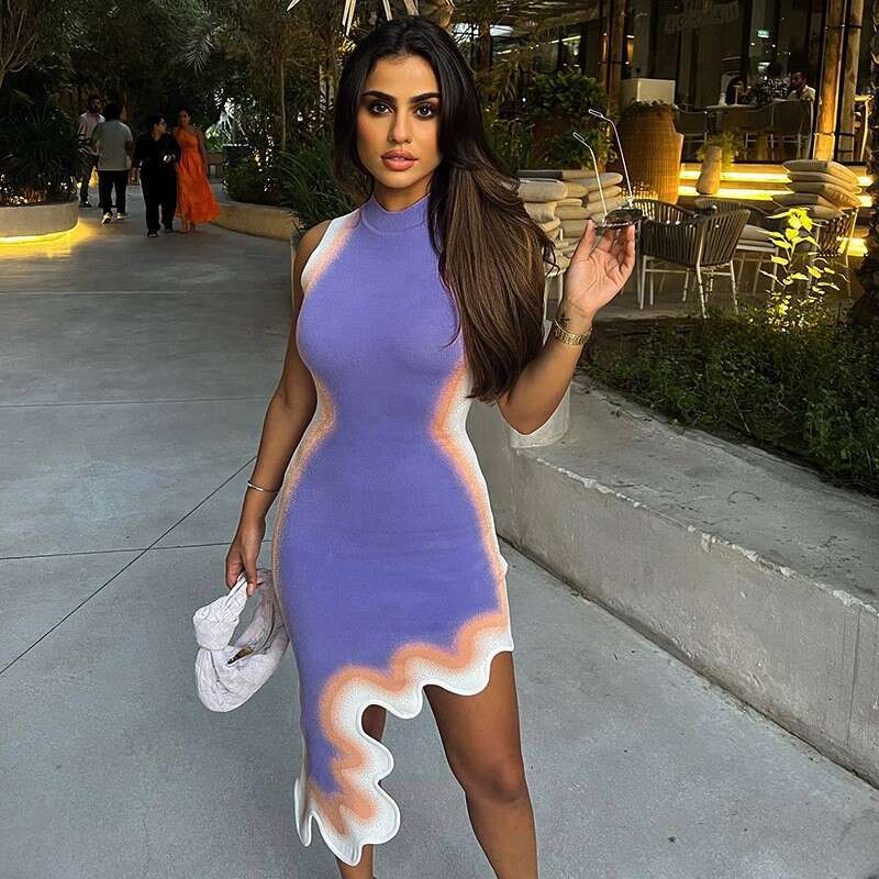 European American Foreign Trade Women's Fashionable And Sexy Multi Color Dyed Round Neck Sleeveless Wavy Irregular Dress