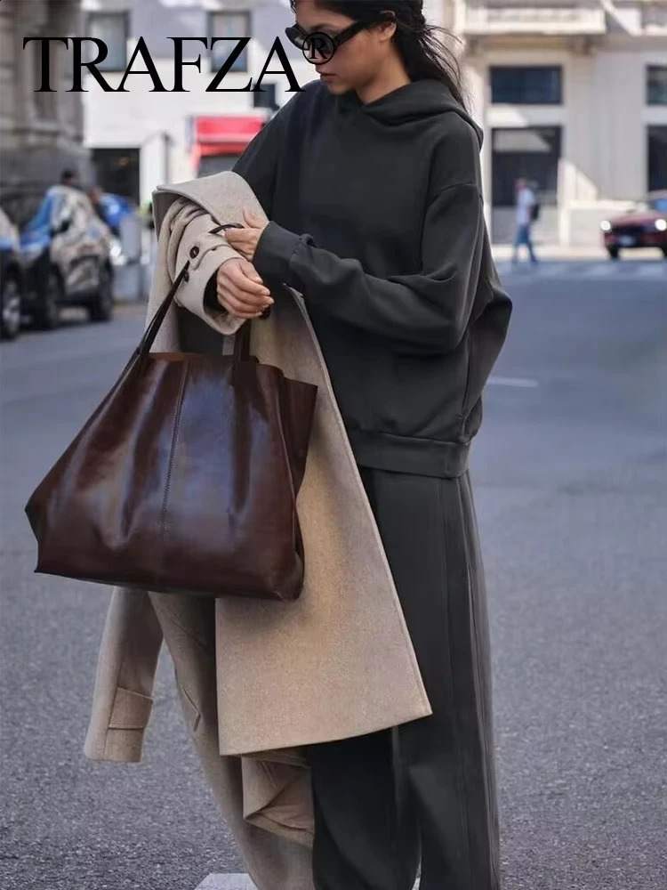 TRAFZA Trendy Solid Sweatshirt Set For Women Long Sleeves Causal Hooded SweatshirtDrawstring High Waist Straight Pants 241217