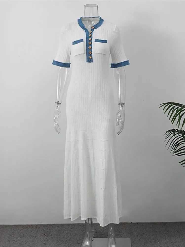 Ele Contrast Single Breasted Knitted Slim Long Dresses Fashion O neck Pocket Pleated A Line Robes New Lady High Street DressXJ241218