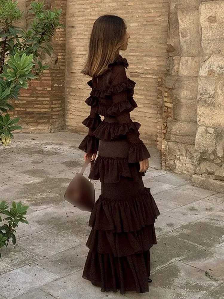 New Ele Solid Ruffles Tiered Maxi Dress For Women Retro Round Collar Petal Long Sved Slim Fit Robes 2024 Lady Party GownXJ241218