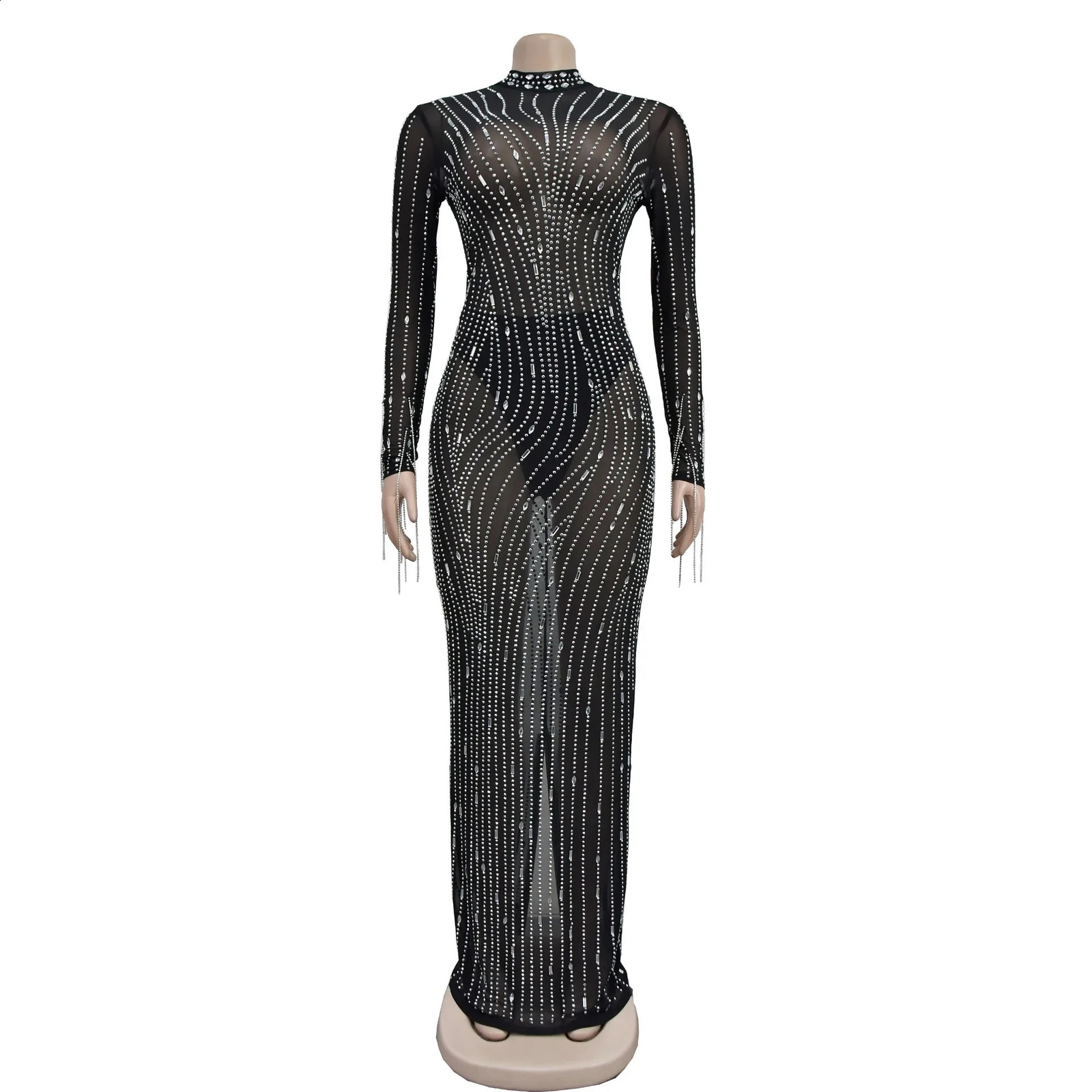 CM.YAYA 2024 Women Long Sleeve Mesh See Through Diamonds Rhinestones Bodycon Dress Woman Maxi Long Evening Birthday Dresses 241216