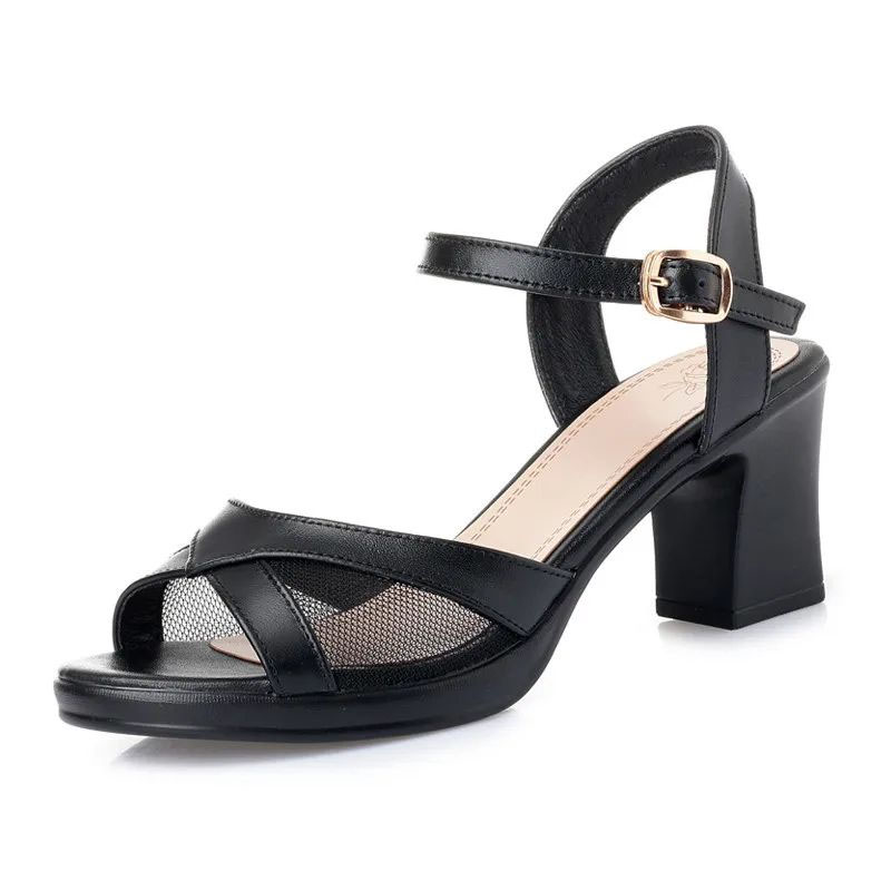 Summer New Sandals Women 2024 High-Heel Fashion Genuine Leather Women Summer Sandals With Mesh Yarn Women Sandals