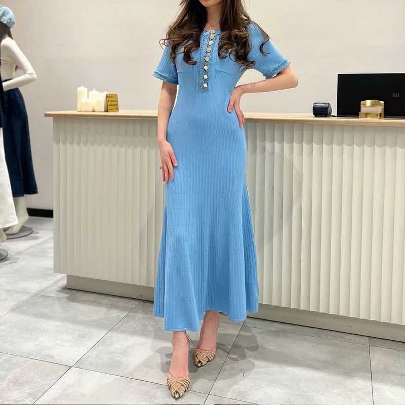Yuoooo Brand Fashion Denim Patchwork O-neck Single Breasted Knit Maxi Dress Ele Pockets Long Shirt Dress Vacation RobesXJ241218