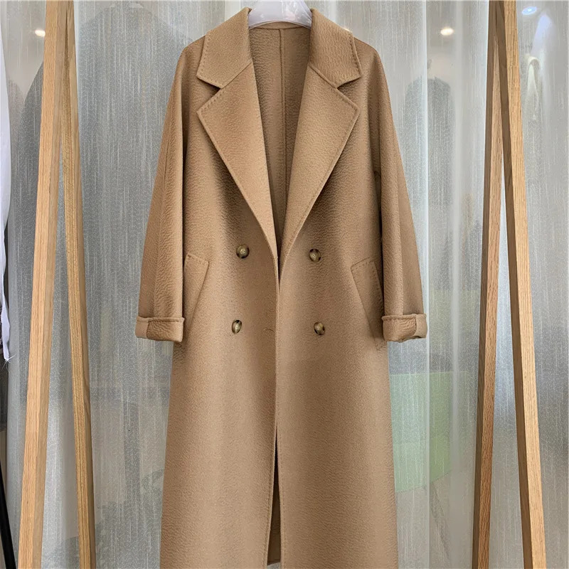 Wool Blends Autumn and Winter y Doublesided Cashmere Overcoat Womens Long Length Highend Lapel Coats with Belt 241217