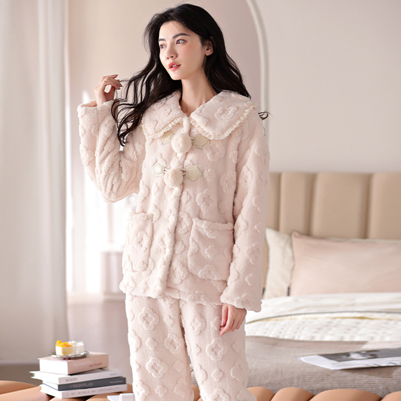 B17-New winter pajamas women's coral fleece long sleeves thickened plush warm simple cute home clothes two-piece suit female
