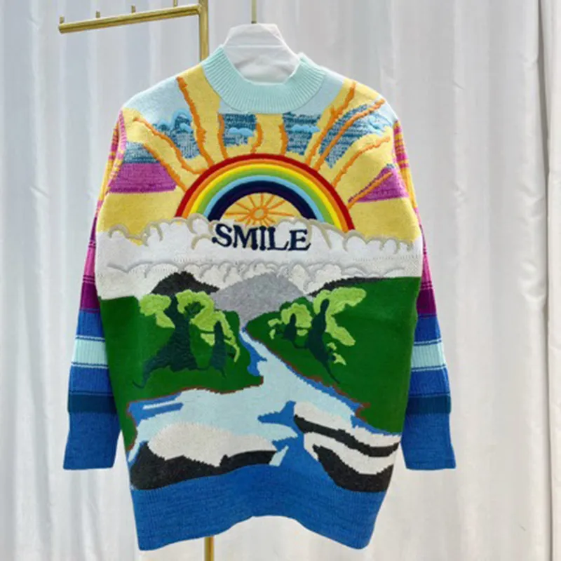 Embroidered Rainbow Oversized Knit Sweater for Women Distinctive Style Mid-Length Top Sweater