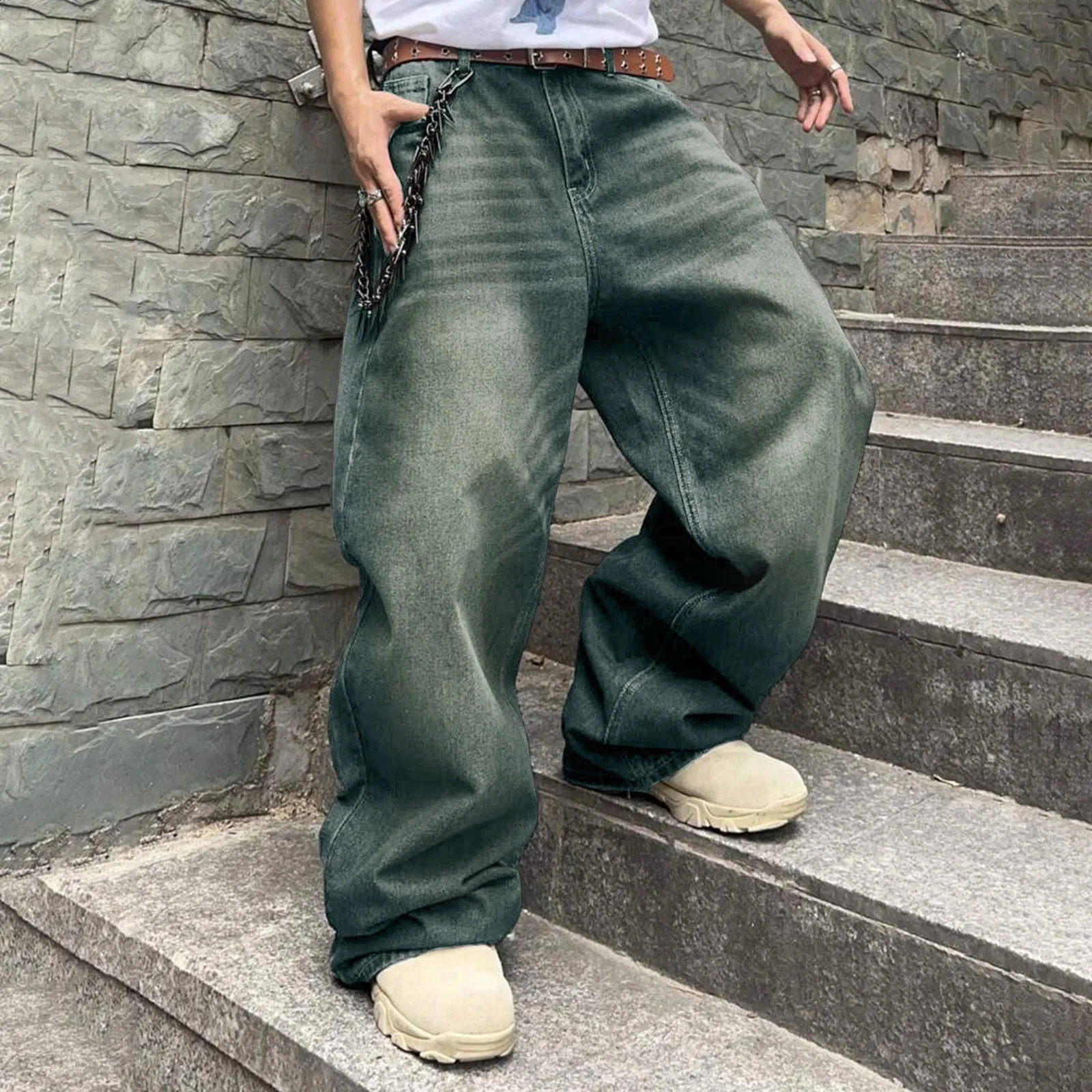 Mens loose denim pants wide legs high waistband casual Trousers plus size fashionable streetwear mens hiphop 241212Z