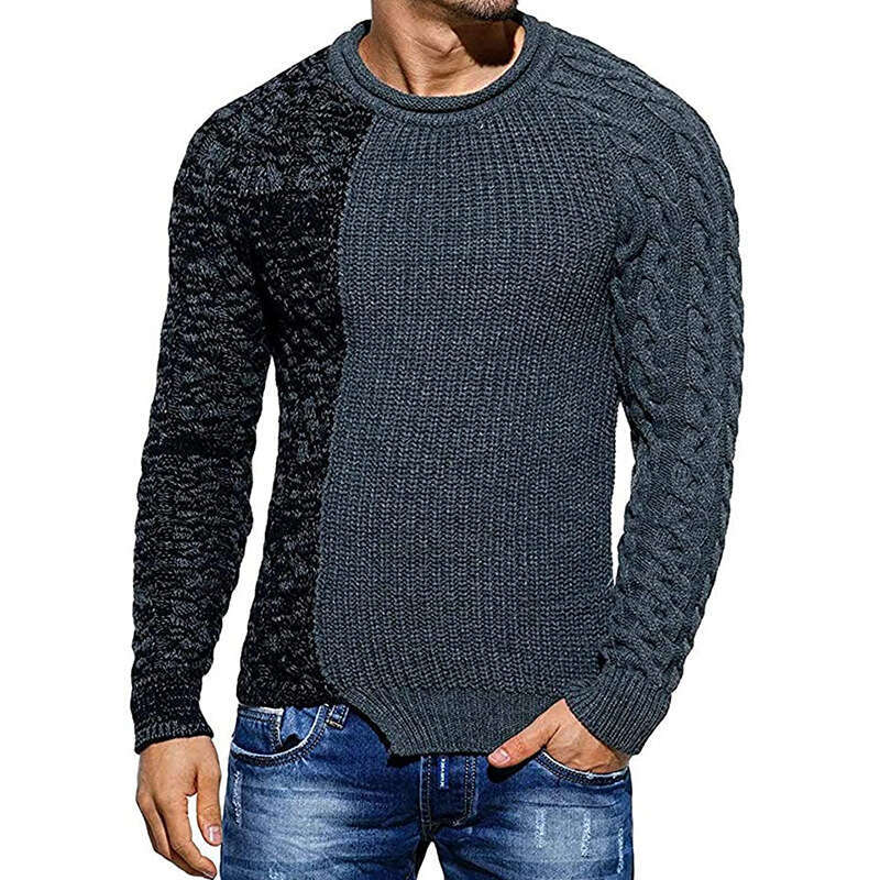 European American Color Blocked Autumn And Winter Round Neck Long Sleeved Knitted Slim Fit Sweater Muscle Men's Fashion Quality Classic