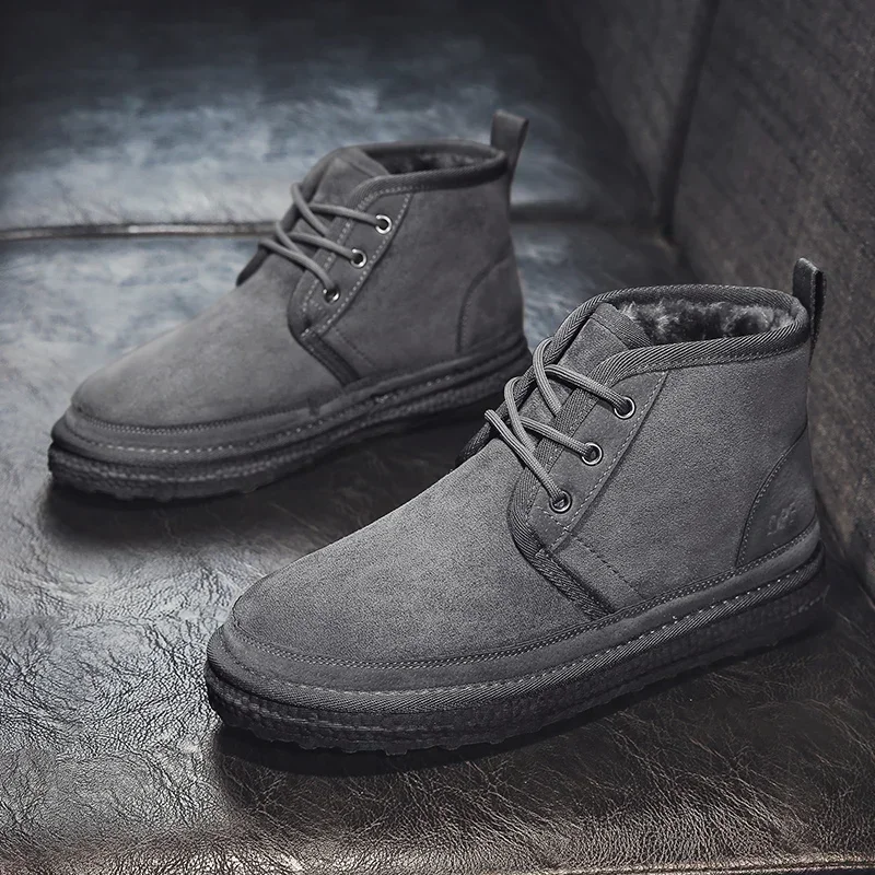 Winter Men Shoes Warm Fur Snow Boots Waterproof Suede Furry Leather Ankle Chelsea Boots Male Fluffy Plush Shoes Outdoor Footwear