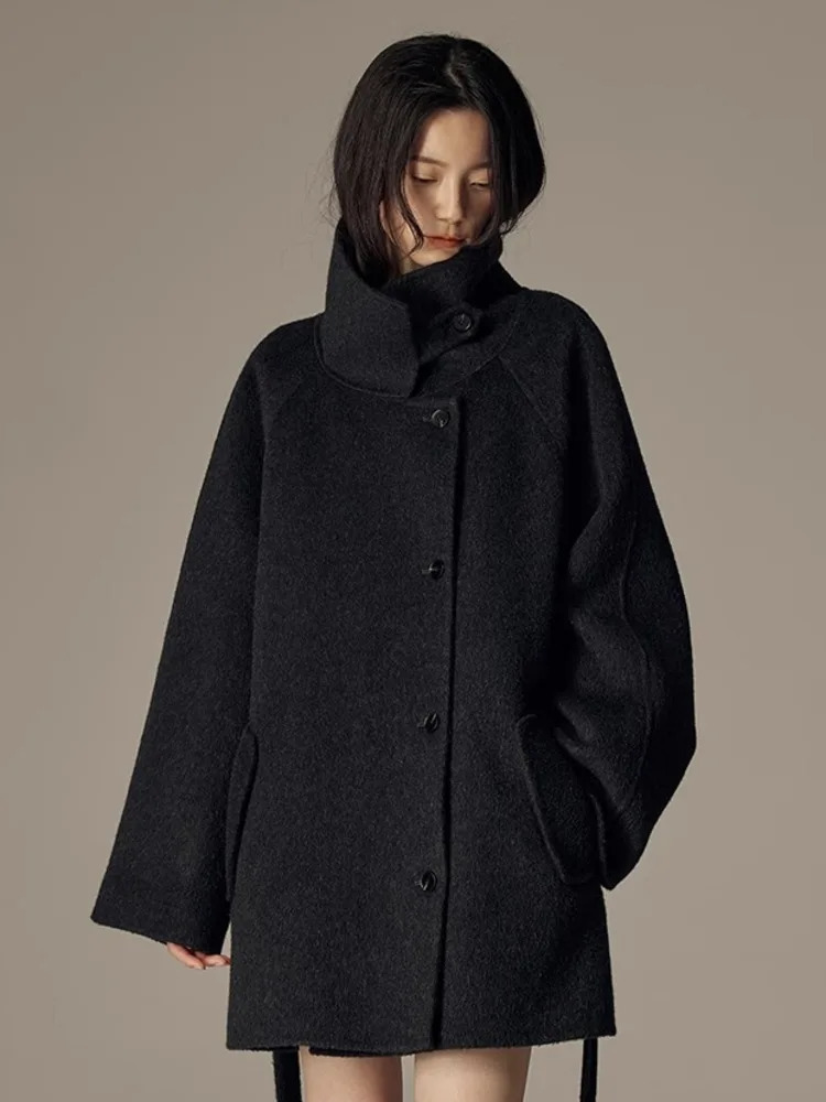 DFDG Autumn And Winter Mid To Long Waistband Single Breasted Stand Up Collar Cashmere Woolen Coat For Women 241217