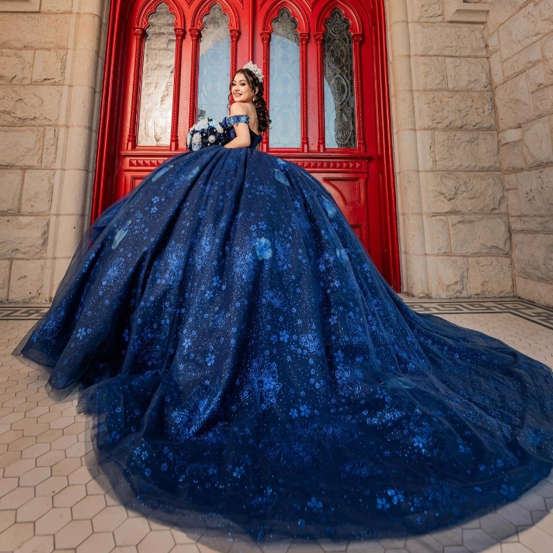 Navy Blue Off The Shoulder Ball Gown Quinceanera Dresses Sequin Applique Beads Sweet 16 Dress Party Birthday Corset Princess Vestidos De 15 Anos