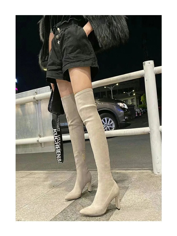 2024 Autumn And Winter New Over Elastic Women's High Heeled Pointed Knee Slim And Versatile Boots