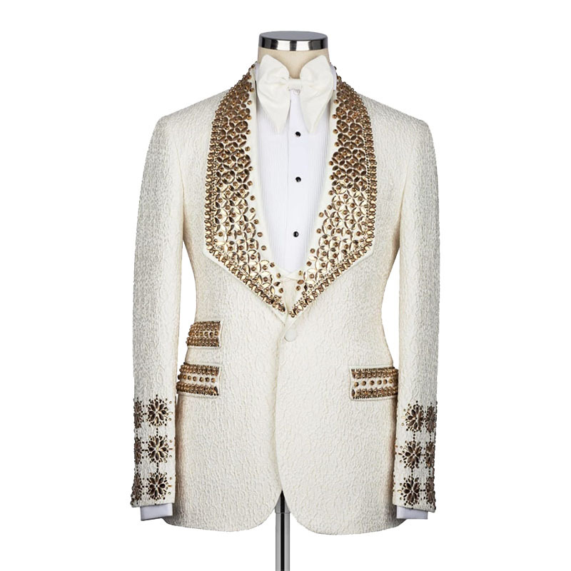 Luxury Wedding Suits Jacquard Beaded Rhinestone 1 Piece Set Coat Shawl Lapel Exquisite Men Tuxedos One Button Formal Groom Tuxedo Suit Customized