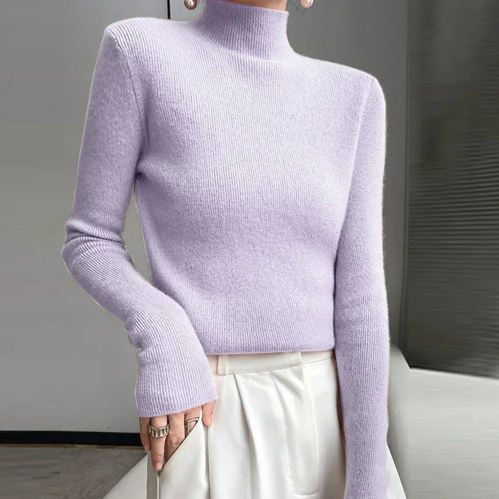 High Collar Long Sleeved Knitted Sweater Womens Slim Tops Blue Purple Red Long-Sleeved Bottoming T Shirt Sweater Top X-G-Xinde 241217