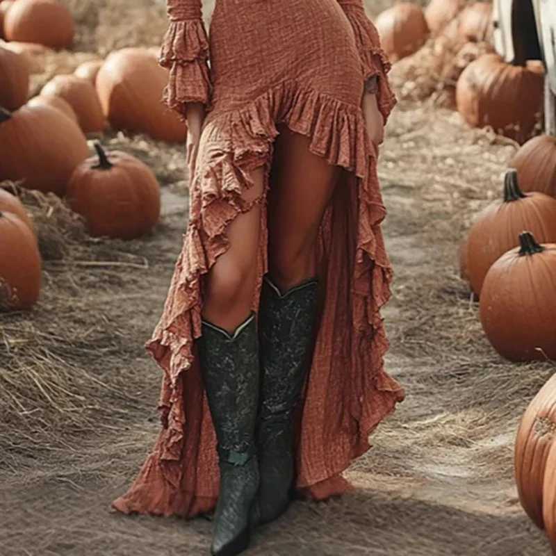 Ethnic Retro Solid Ruffle Irregular Dress Women Spring V Neck Slim Party Long Dress Autumn Long Sve Boho Maxi Dress W241218