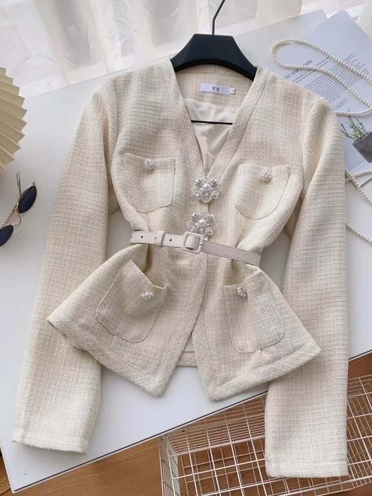 Small Fragrance Tweed Woolen 2 Pieces Matching Sets Women's V Neck Dias Pearls Short Jacket Coat + Mini Pleated Skirt Suits