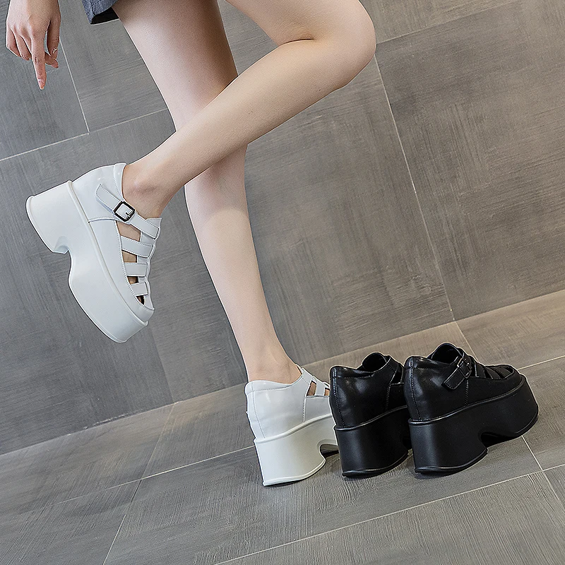AIYUQI Sandals Women Platform Summer Genuine Leather High Heels Openwork Fashion Sandals Women