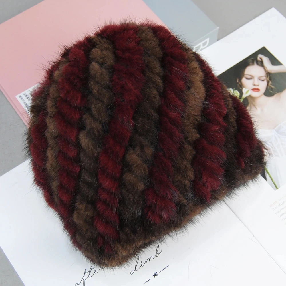 fashionable genuine womens knitted mink fur hat handmade knitted fashionable winter headwear beret 241211